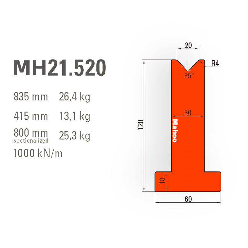 马赫折弯机模具-百超T型折弯下模-V20-85°（86°/88°）-H120