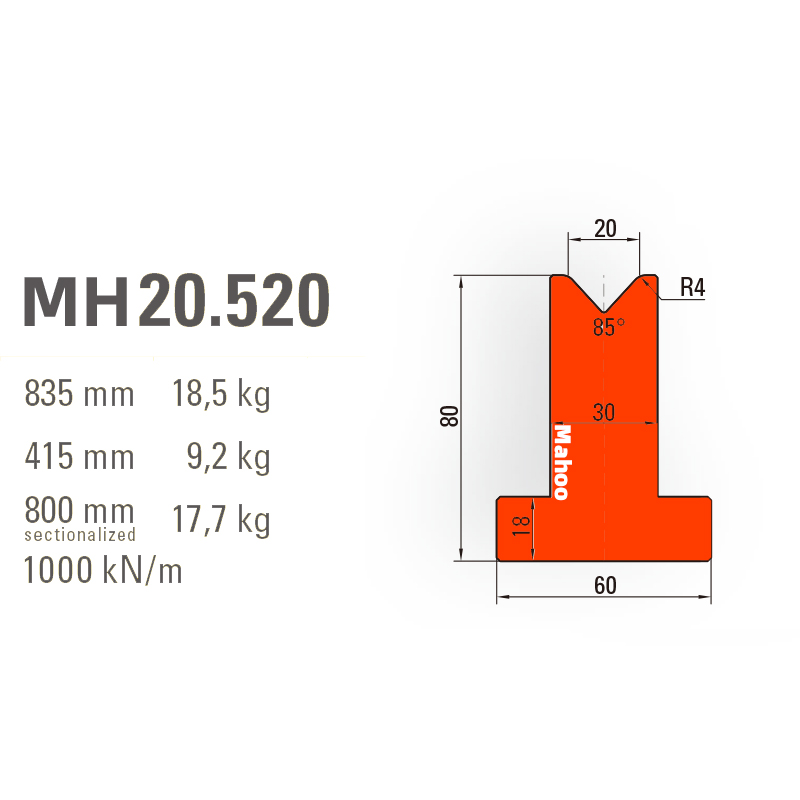 百超折弯机模具-T型折弯下模-V20-85°（86°/88°）-H80